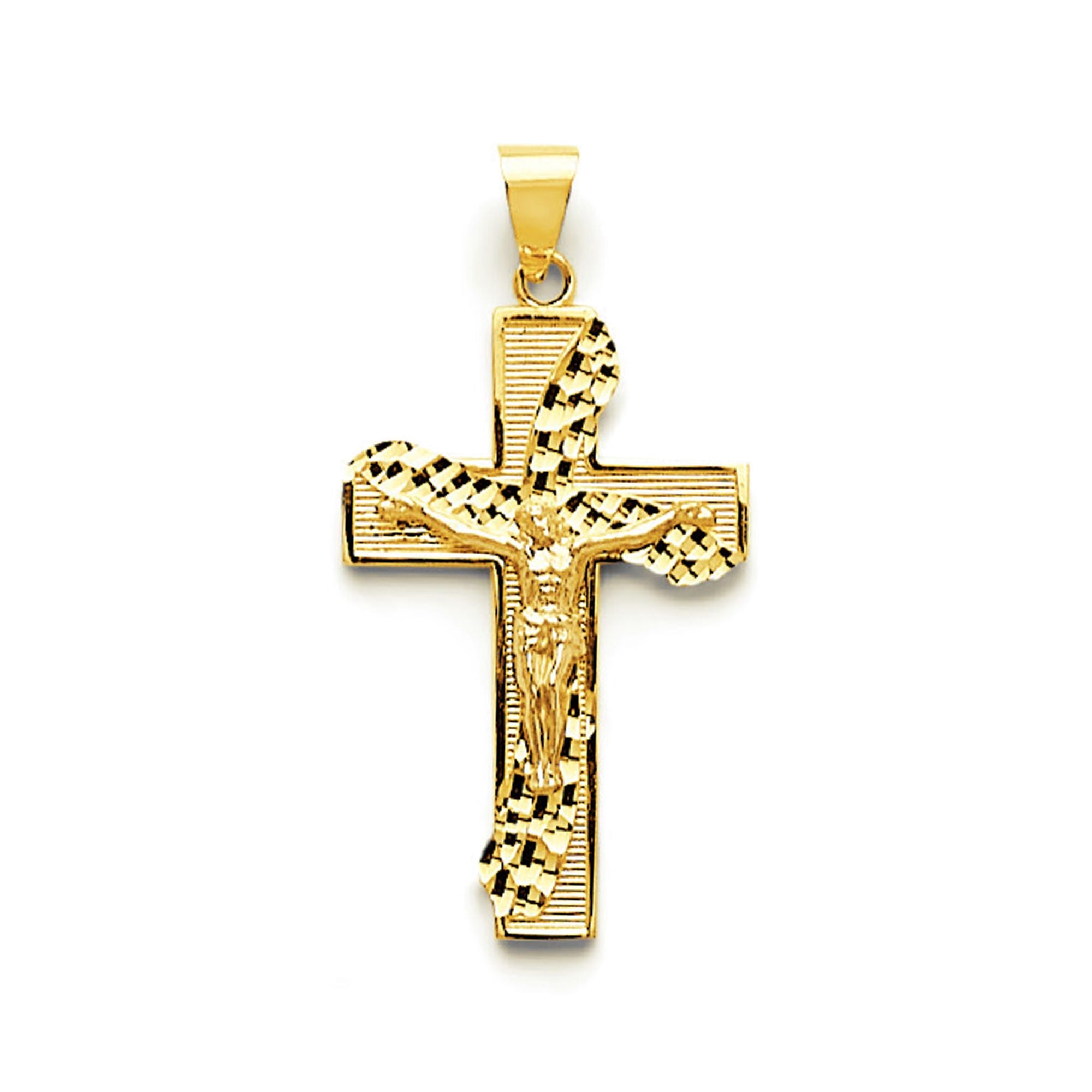 Yellow Gold Outlined Ribbed Crucifix Cross &amp; Diamond Cut Cross Wrap Pendant