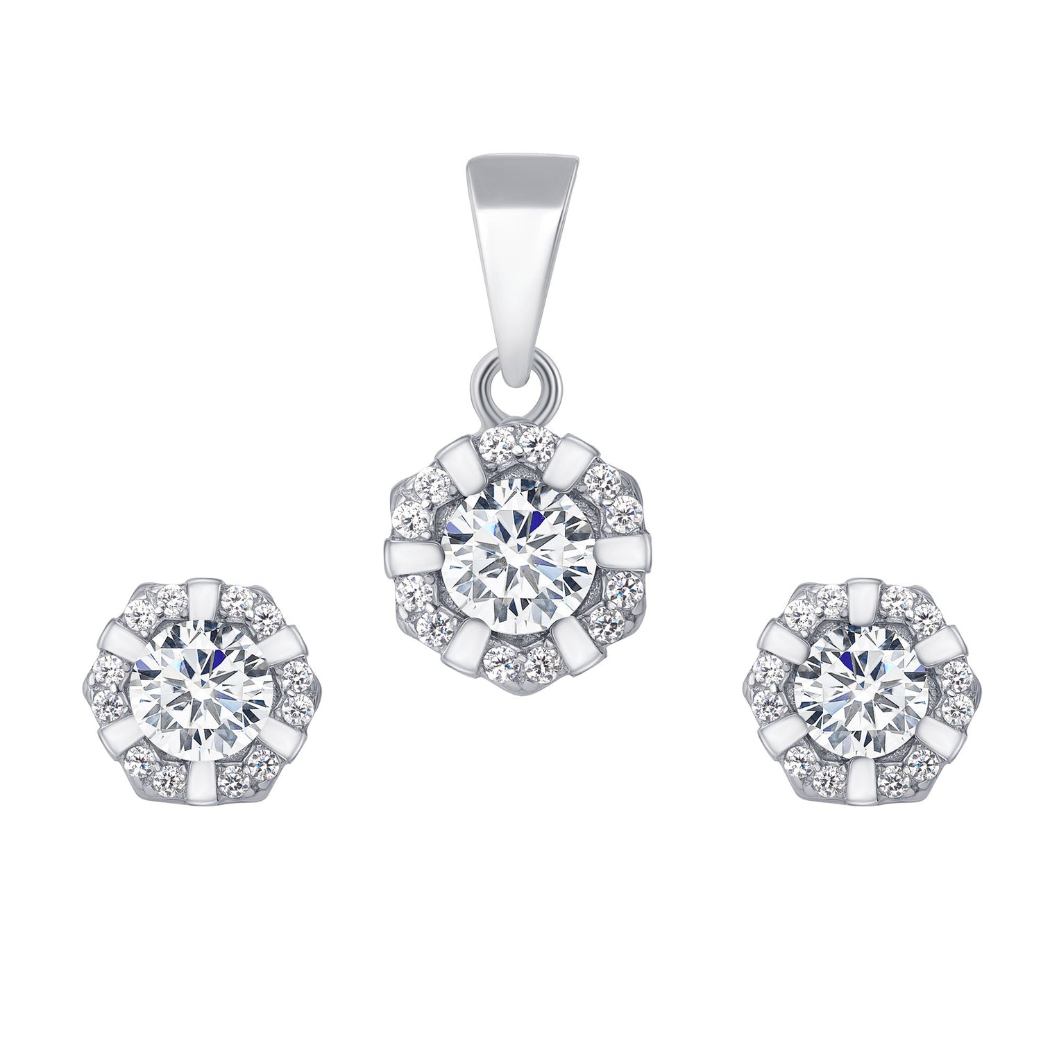 925 Sterling Silver Round Cut White CZ with CZ &amp; Metal Lines Hexagonal Halo Pendant &amp; Stud Earrings Jewelry Set