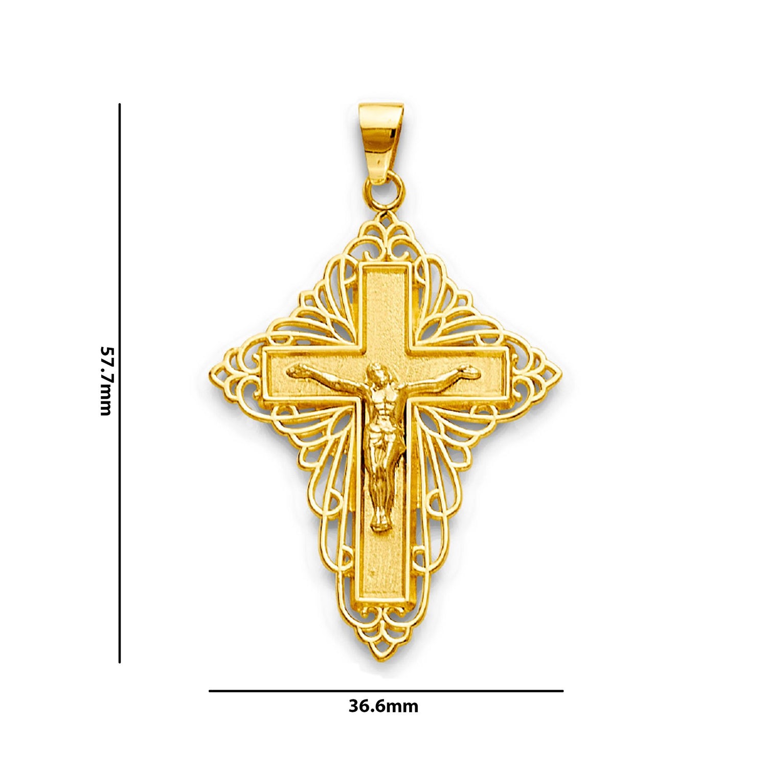 Yellow Gold Filigree Bordered Crucifix Cross Pendant with Measurement