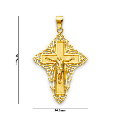 Yellow Gold Filigree Bordered Crucifix Cross Pendant with Measurement