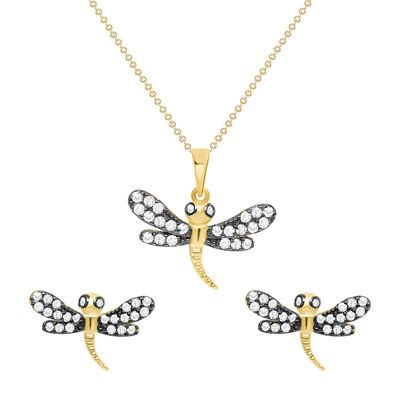 925 Sterling Silver CZ Accented Dragonfly Pendant &amp; Stud Earrings Jewelry Set
