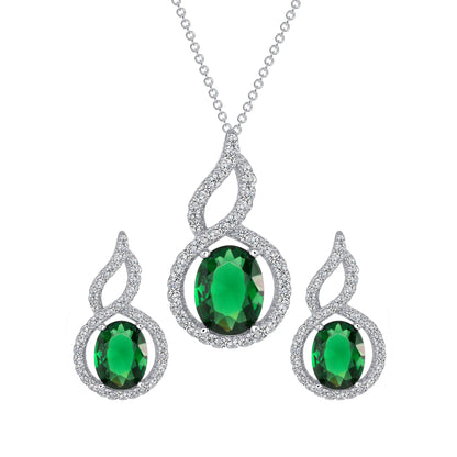 925 Sterling Silver Oval Cut Green CZ with Twisted CZ Halo Teardrop Pendant &amp; Earrings Jewelry Set