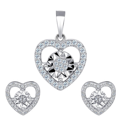 925 Sterling Silver Round Cut CZ Cluster with CZ Heart Outline &amp; Diamond Cut Accent Pendant &amp; Stud Earrings Jewelry Set