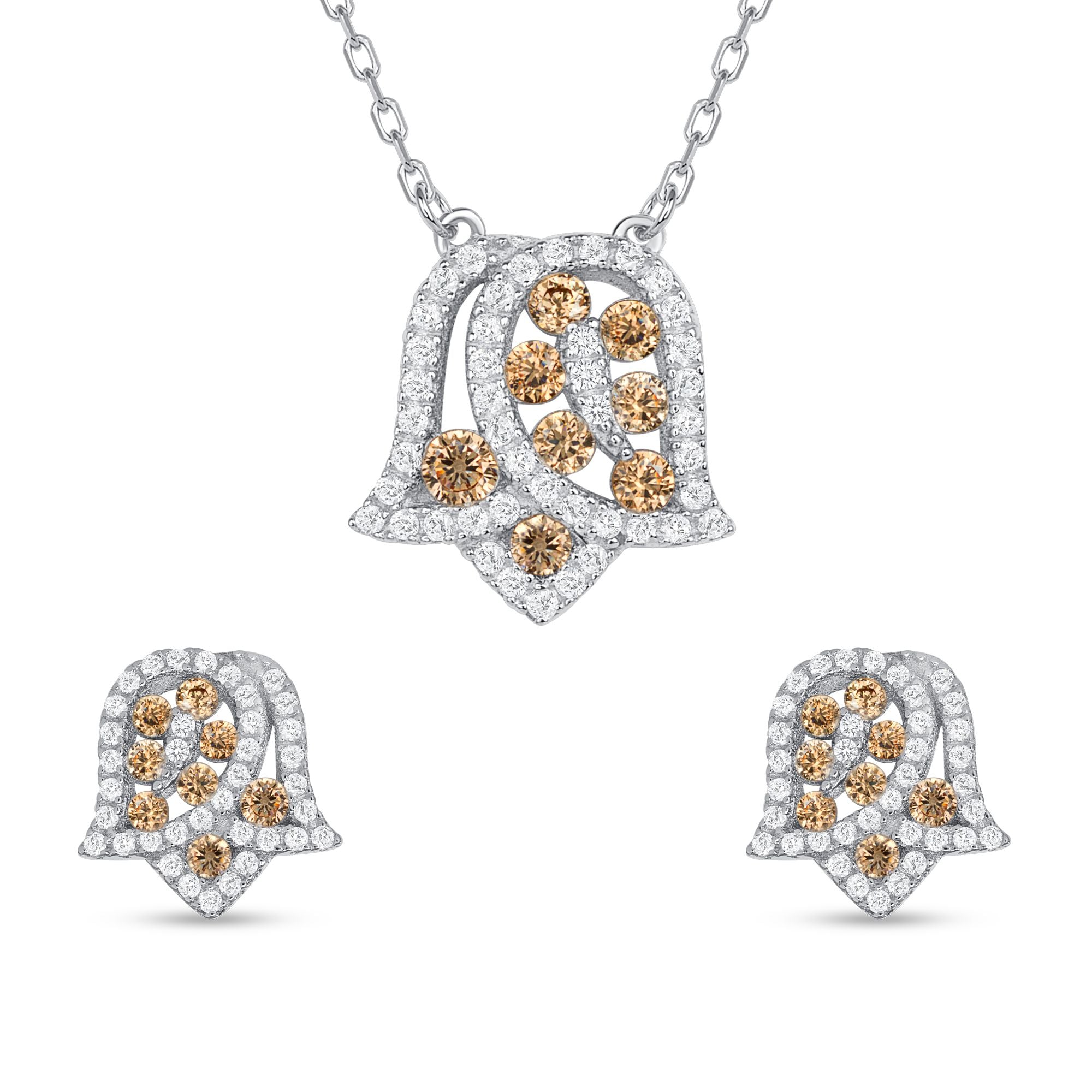 925 Sterling Silver Round Cut Gold &amp; White CZ Flower Pendant &amp; Stud Earrings Jewelry Set
