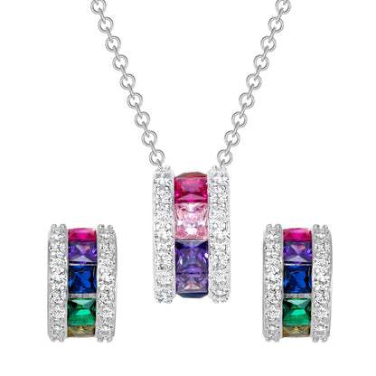 925 Sterling Silver Pavé Square Cut Rainbow CZ with White CZ Sides Pendant &amp; Huggie Earrings Jewelry Set