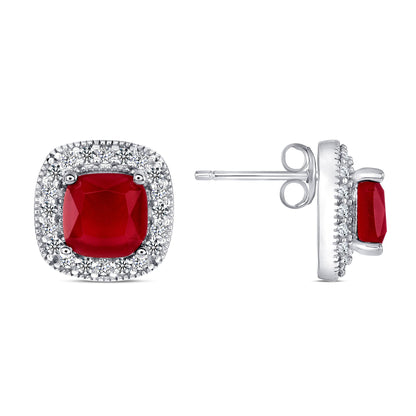 925 Sterling Silver Square Cut Red CZ with Round Cut CZ Pavé Halo Pendant &amp; Stud Earrings Jewelry Set