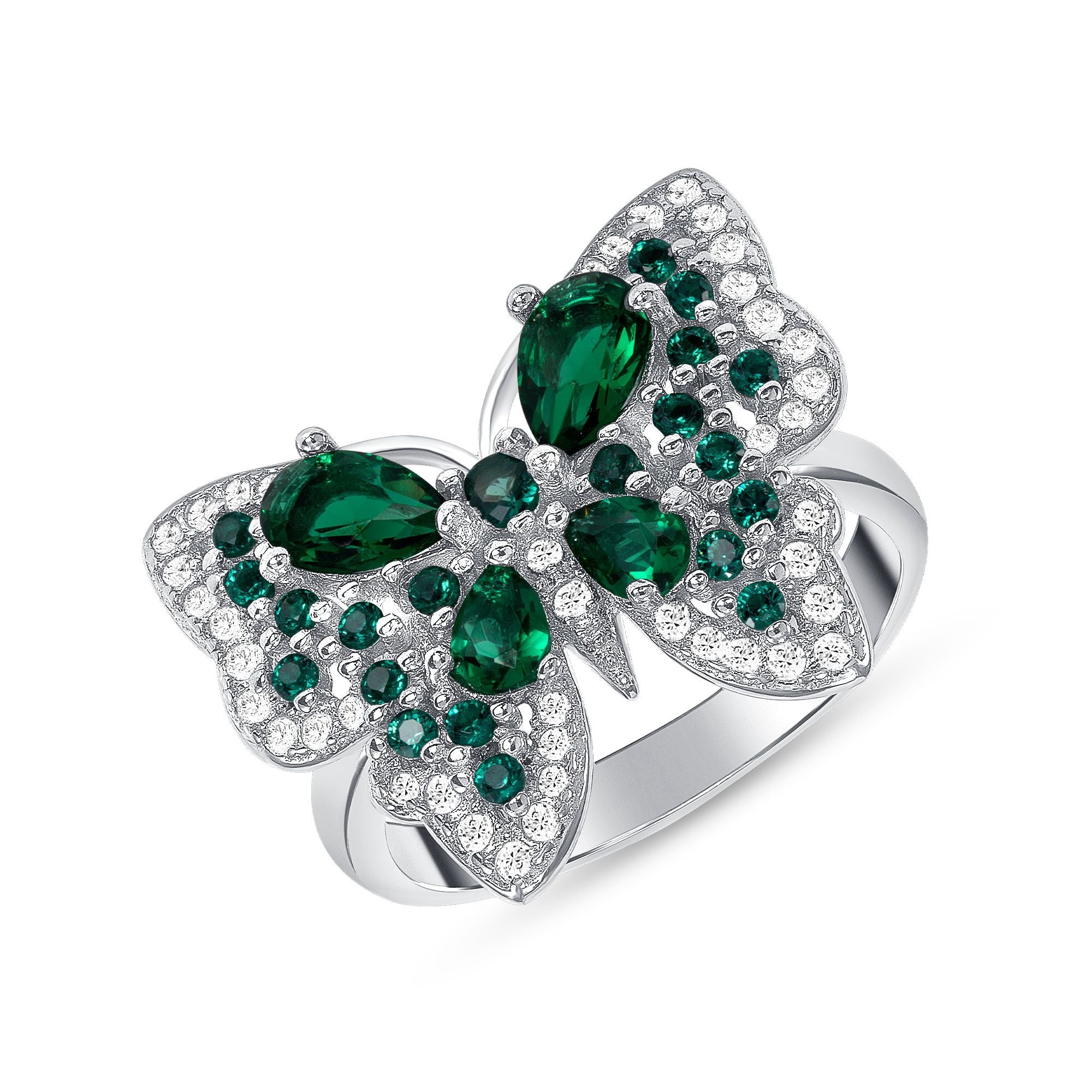 925 Sterling Silver Pear Cut Green CZ Butterfly Ring