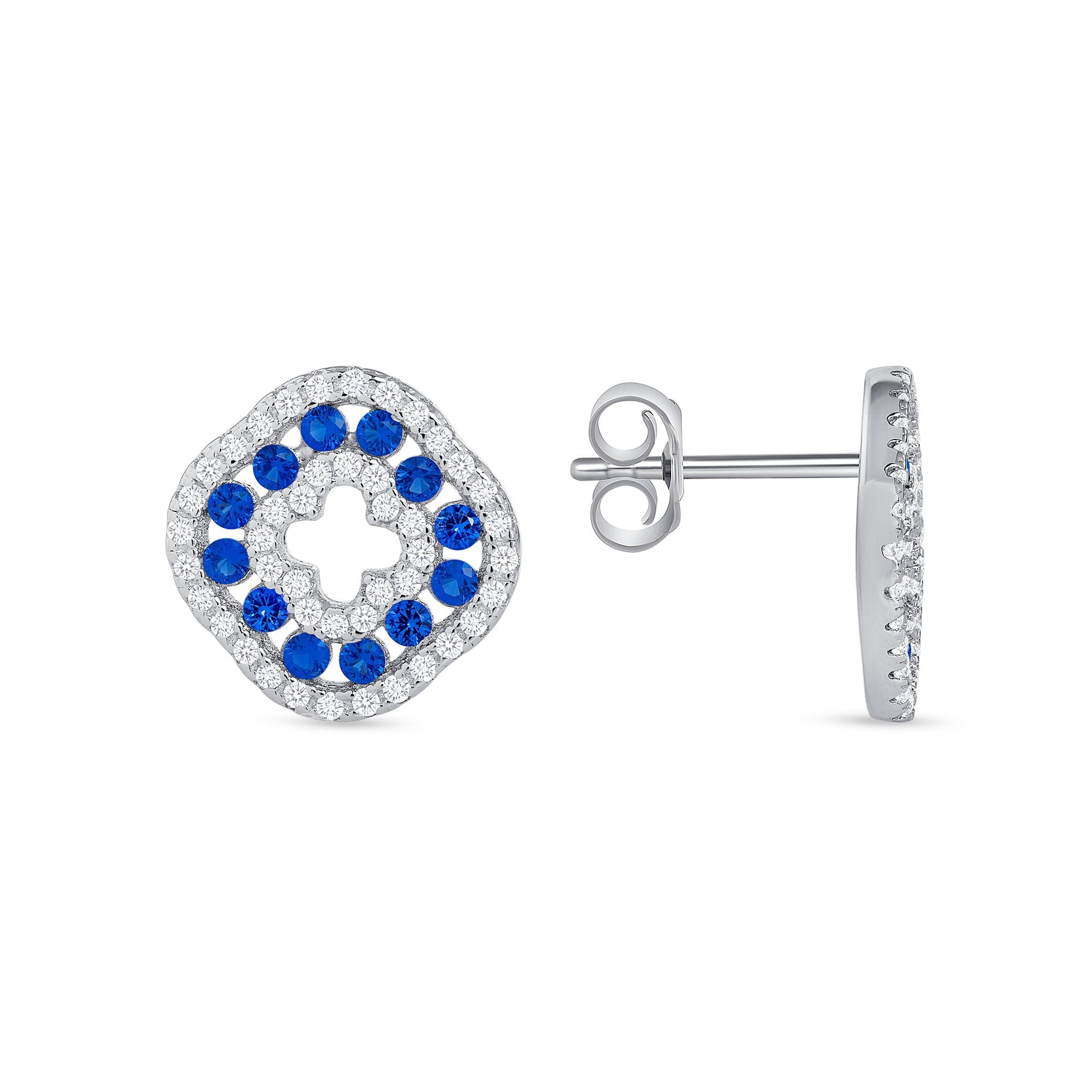 925 Sterling Silver Round Cut Blue &amp; White CZ Alternating Rows Square Clover Pendant &amp; Stud Earrings Jewelry Set