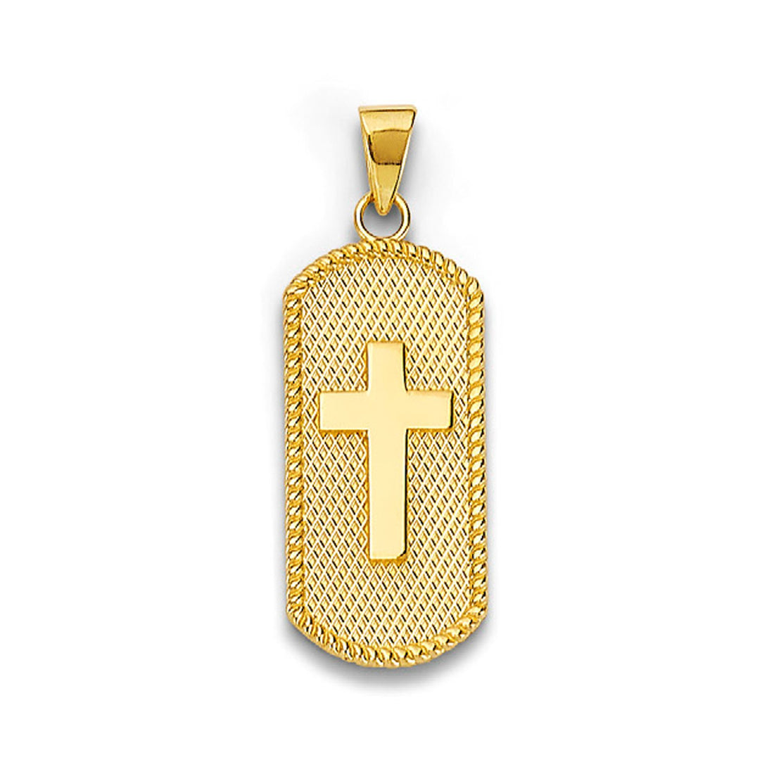 Yellow Gold Cross Rope Bordered Textured Dog Tag Pendant