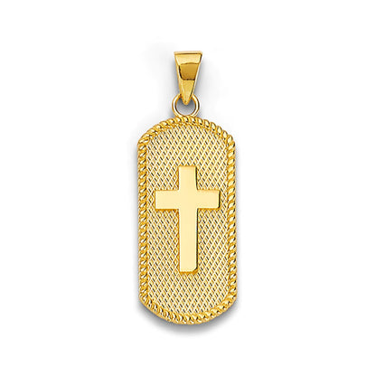 Yellow Gold Cross Rope Bordered Textured Dog Tag Pendant