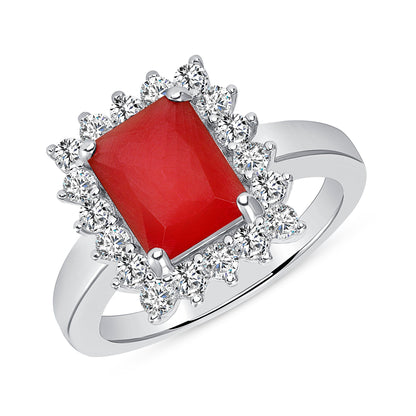 925 Sterling Silver Halo Emerald Cut Red CZ Solitaire Ring