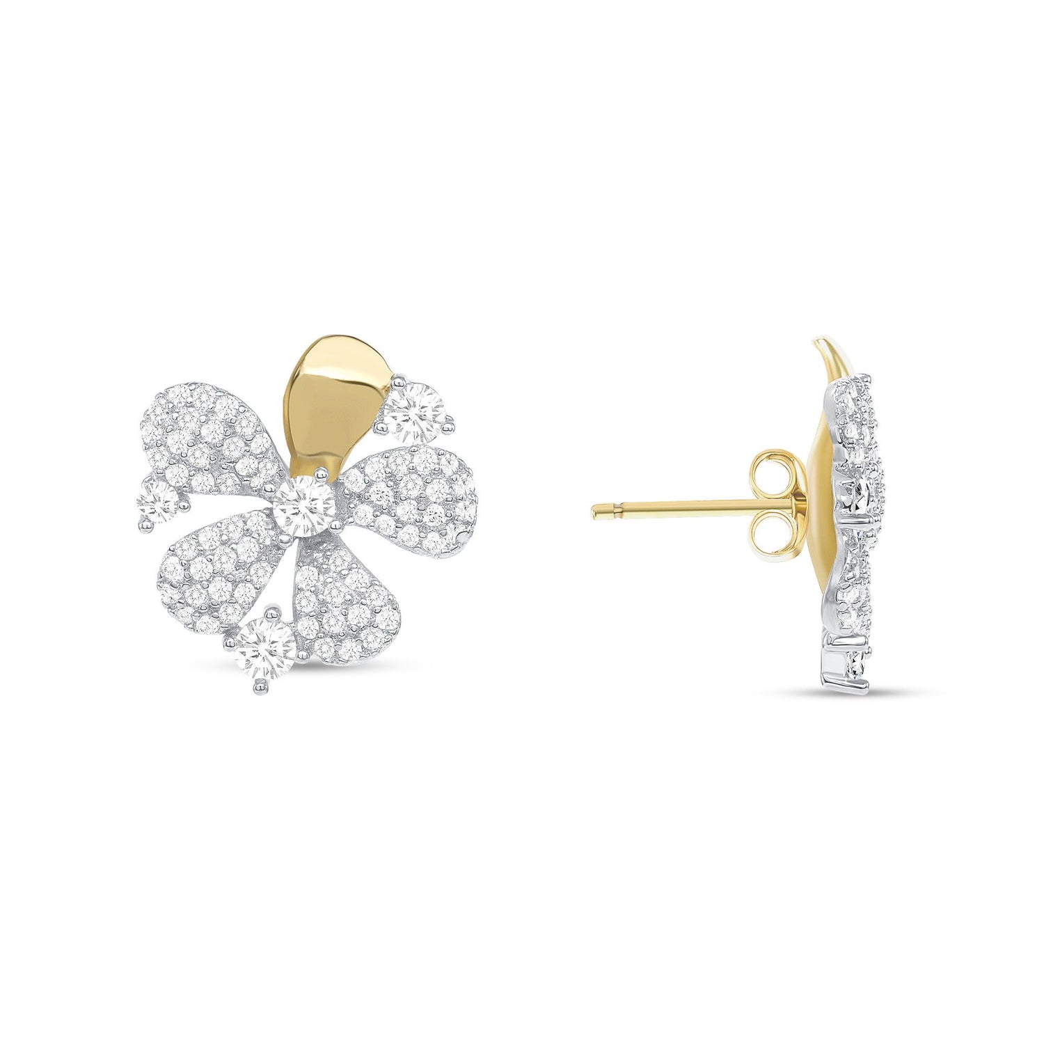 925 Sterling Silver Round Cut CZ Accented Two Tone Flower Pendant &amp; Stud Earrings Jewelry Set