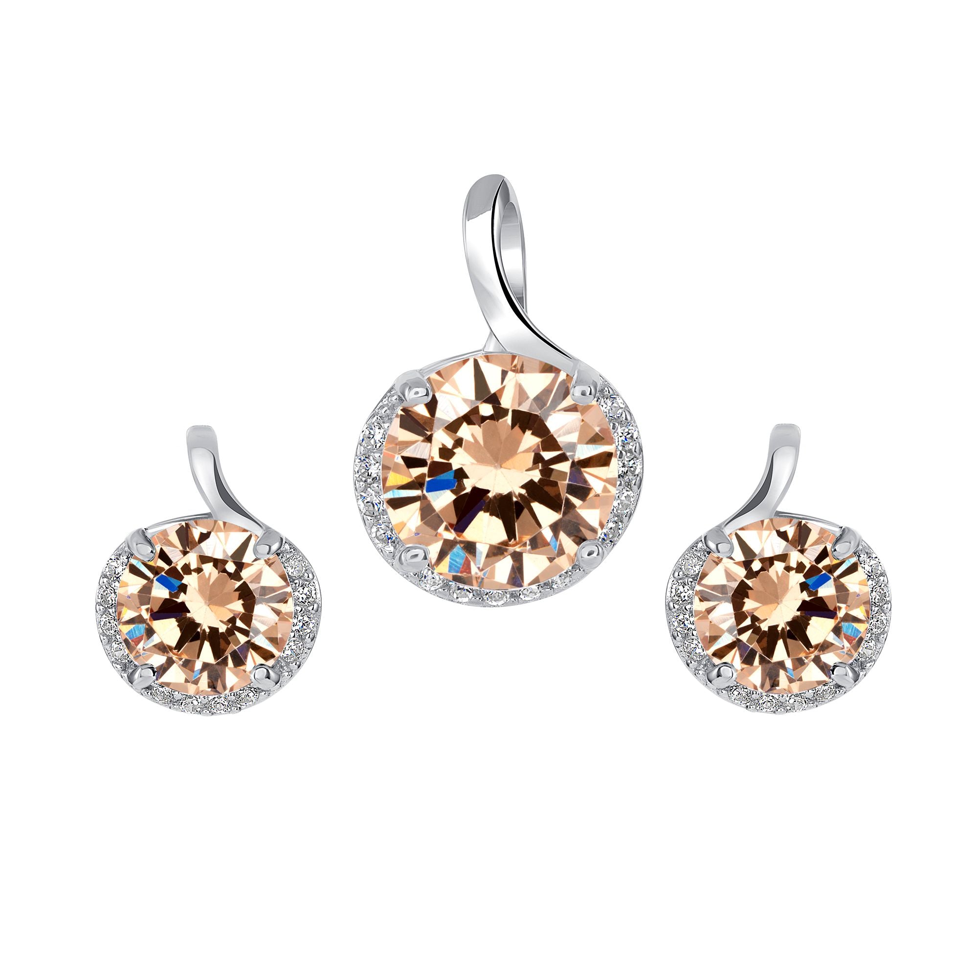925 Sterling Silver Round Cut Champagne CZ with Round Cut White CZ Partial Halo Pendant &amp; Stud Earrings Jewelry Set