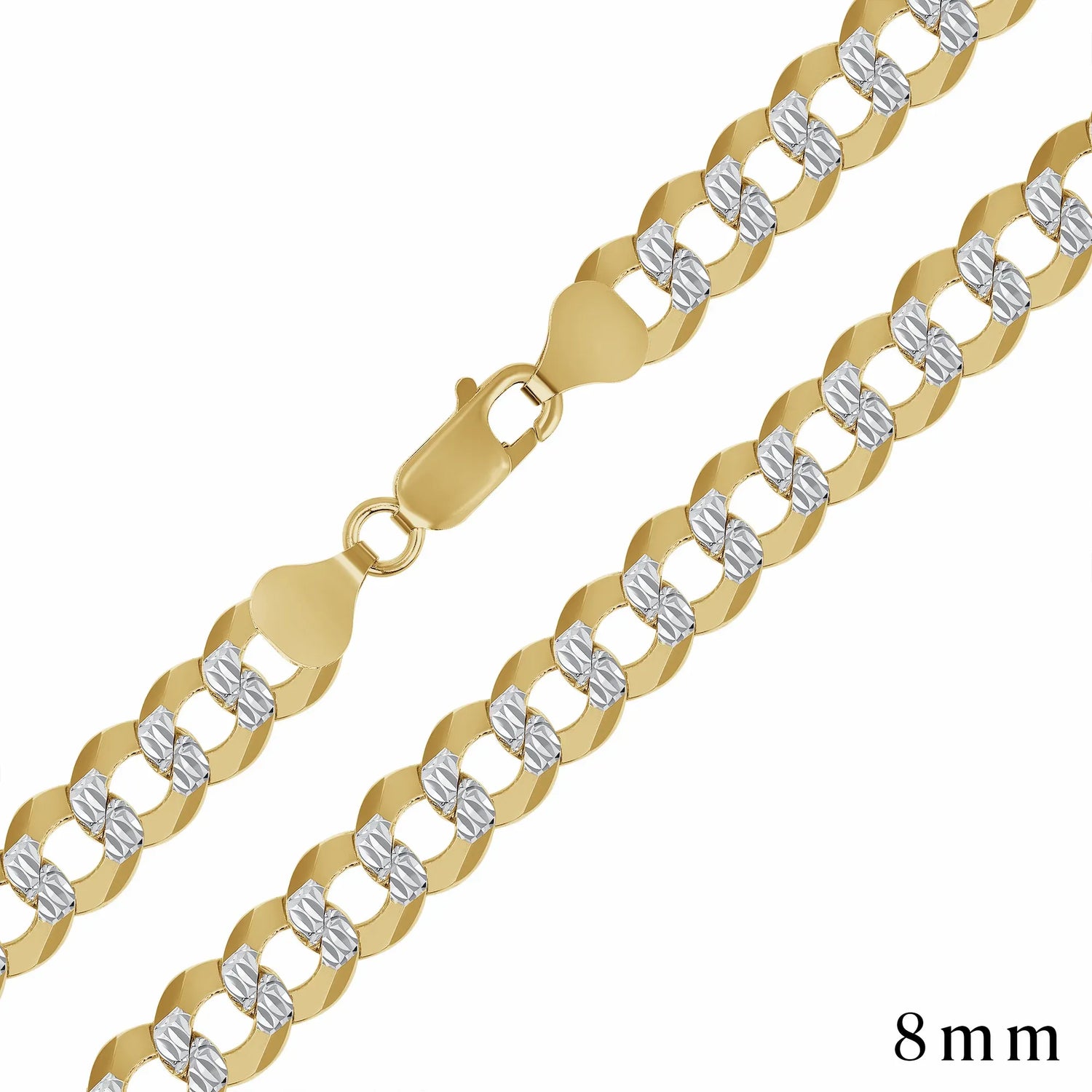 925 Sterling Silver Gold Plated Two-Tone Pavé 8mm Curb Chain