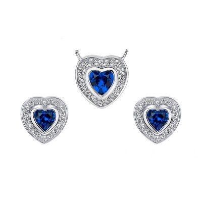 925 Sterling Silver Heart Cut Dark Blue CZ with Round Cut White CZ Halo Pendant &amp; Stud Earrings Jewelry Set