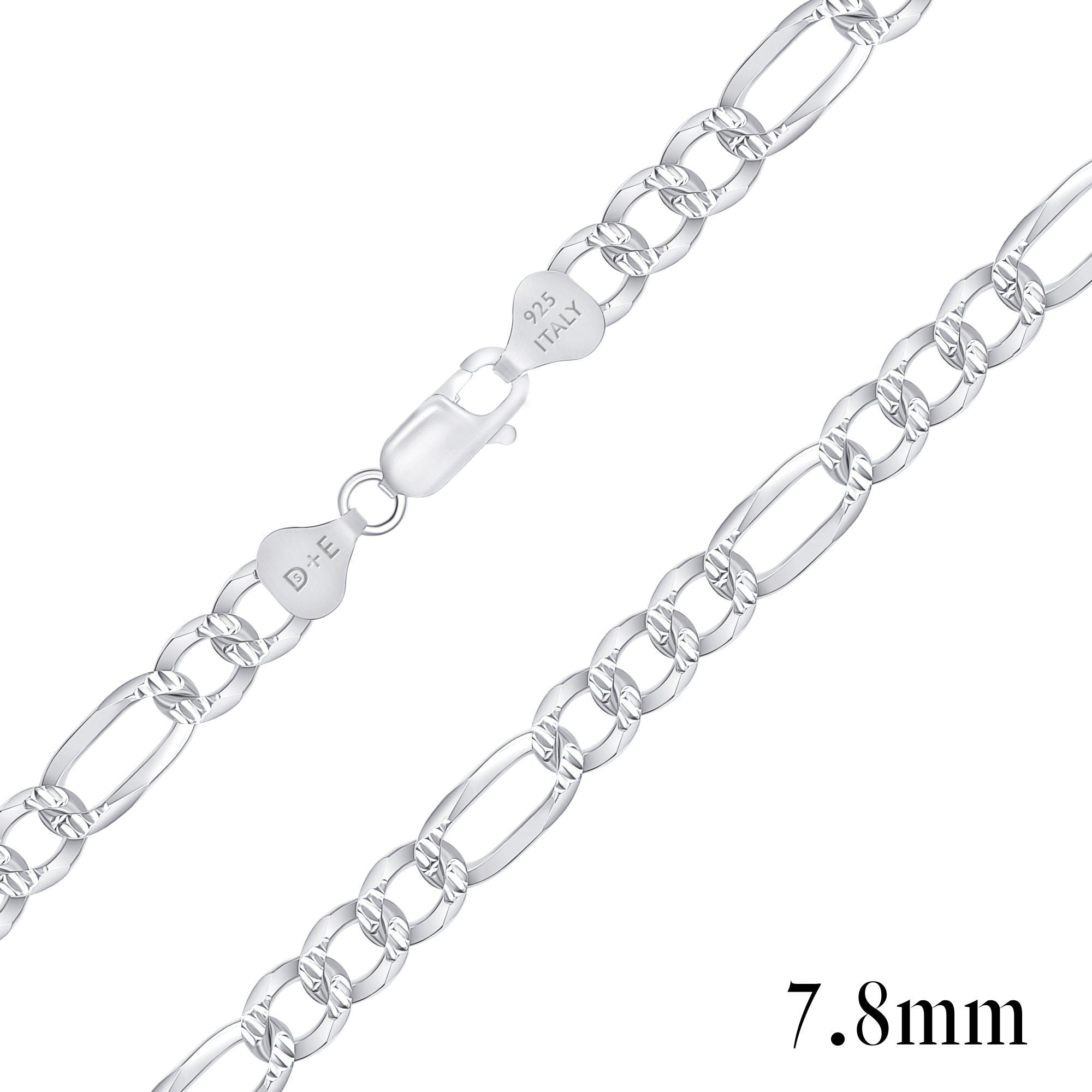 925 Sterling Silver Pavé 7.8mm Figaro Chain