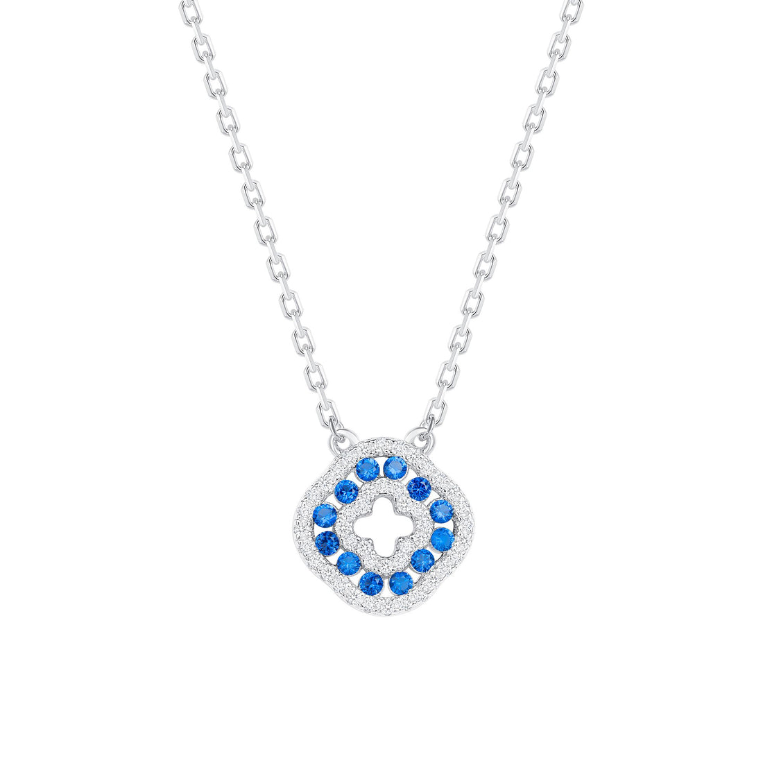 925 Sterling Silver Round Cut Blue &amp; White CZ Alternating Rows Square Clover Pendant &amp; Stud Earrings Jewelry Set