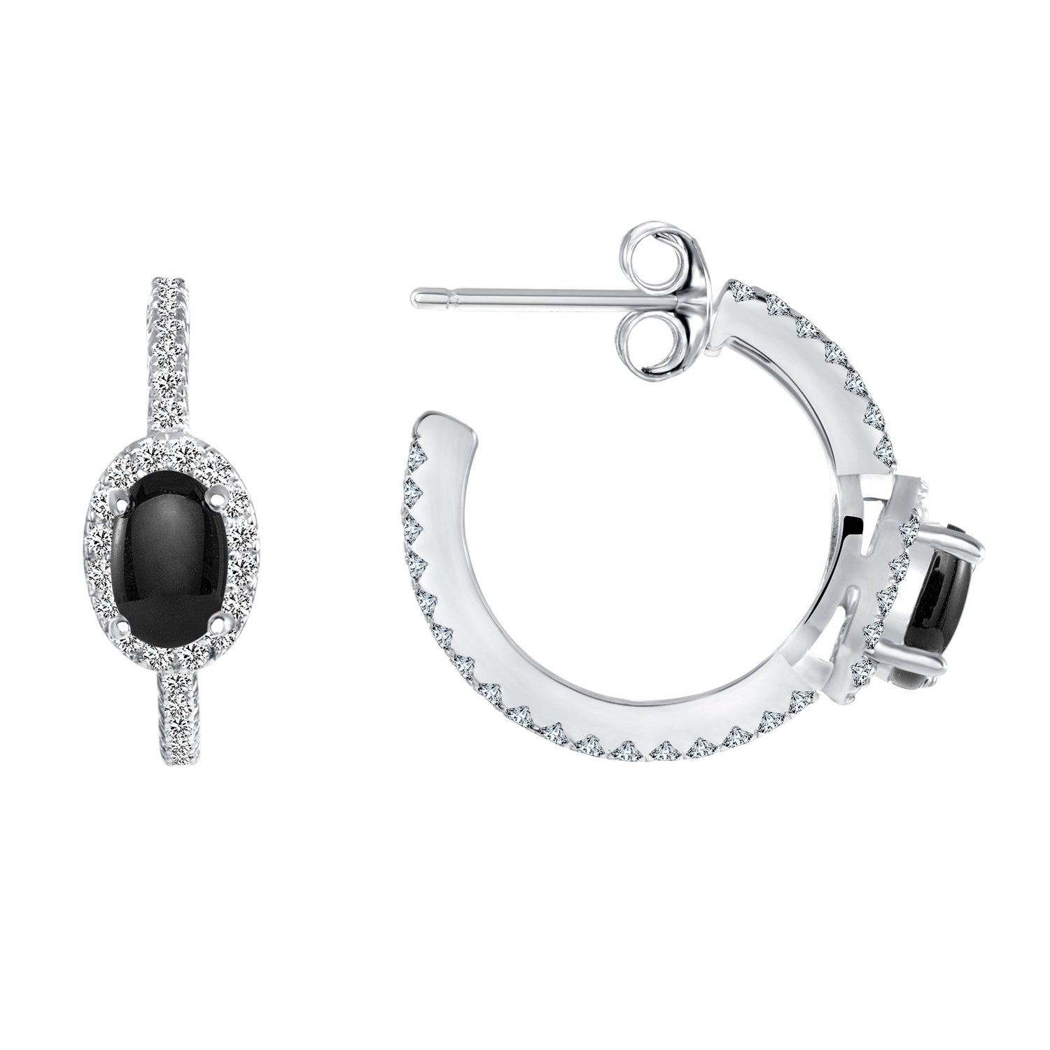 925 Sterling Silver Onyx with CZ Halo &amp; Accents C-Hoop Earrings