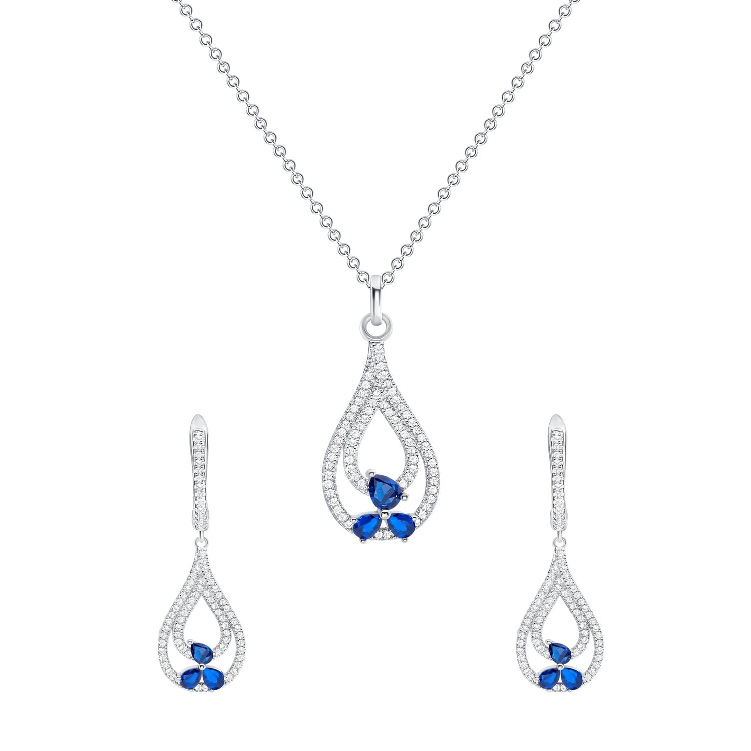925 Sterling Silver Pear Cut Blue CZ Flowers on Pavé CZ Loops Teardrop Pendant &amp; Earrings Jewelry Set