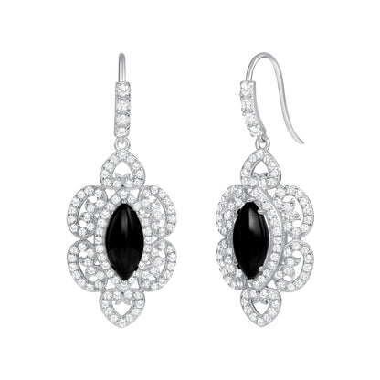 925 Sterling Silver Marquise Cut Black Onyx &amp; Pavé CZ Vintage Halo Teardrop Pendant &amp; Earrings Jewelry Set