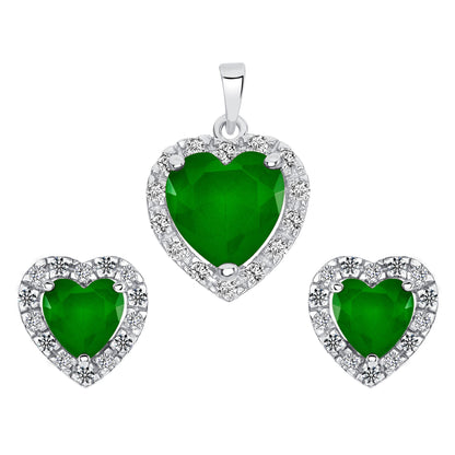 925 Sterling Silver Raised Heart Cut Green CZ with Round Cut White CZ Halo Pendant &amp; Stud Earrings Jewelry Set