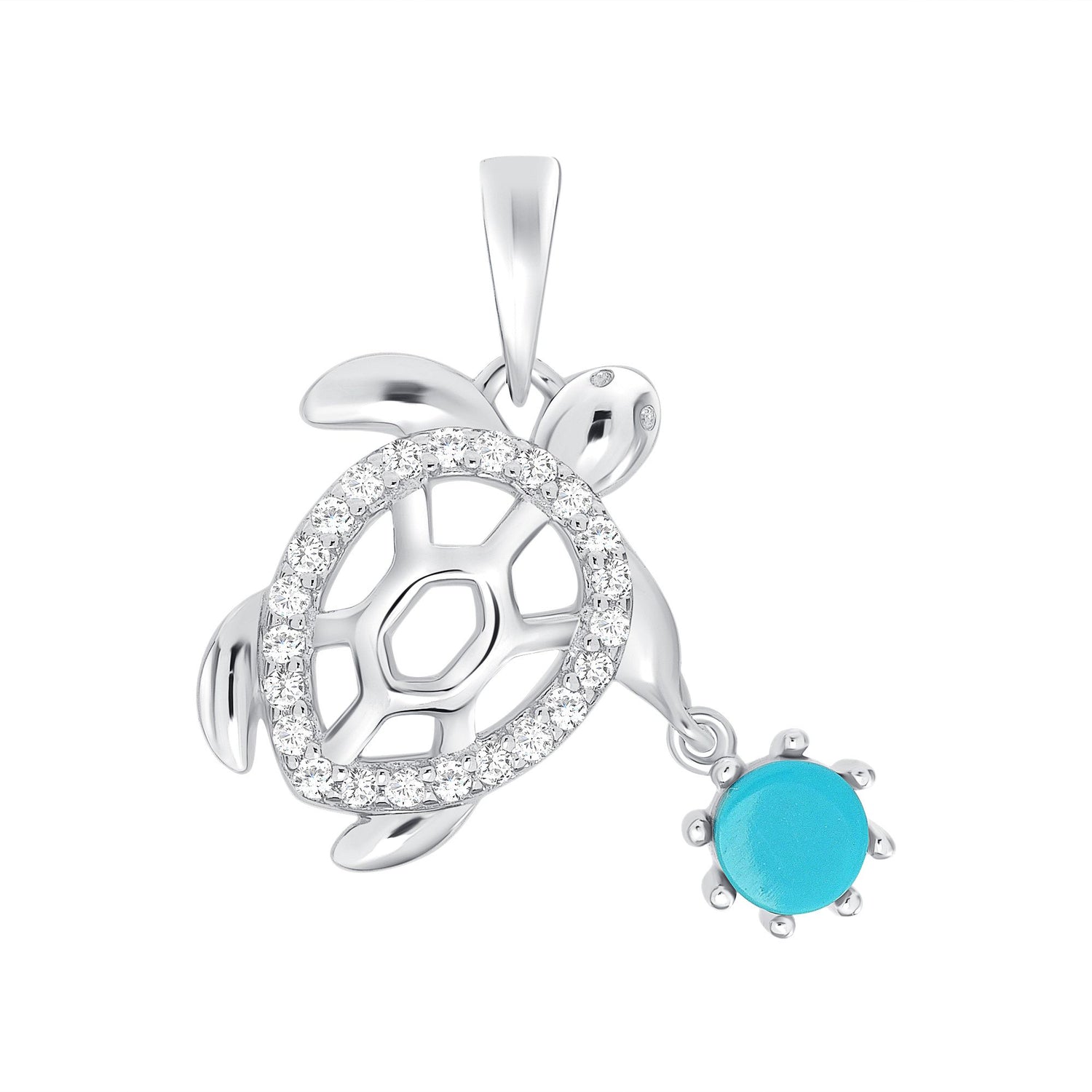 925 Sterling Silver CZ Outlined Shell with Round Cut Turquoise Attachment Turtle Pendant