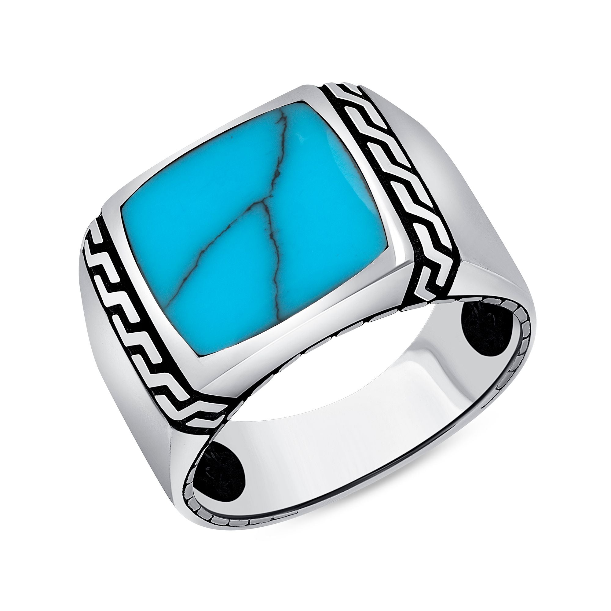 Oxidized 925 Sterling Silver Square Turquoise Tribal Design Men&