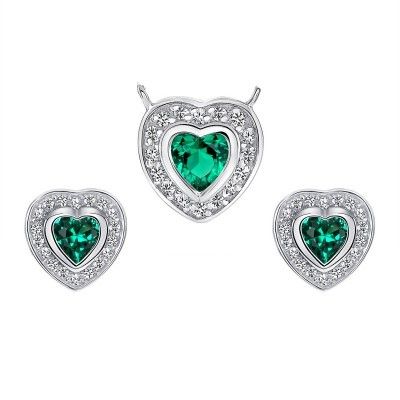925 Sterling Silver Heart Cut Green CZ with Round Cut White CZ Halo Pendant &amp; Stud Earrings Jewelry Set