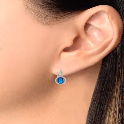 925 Sterling Silver Oval Cut Blue CZ with Twisted CZ Halo Teardrop Pendant &amp; Earrings Jewelry Set