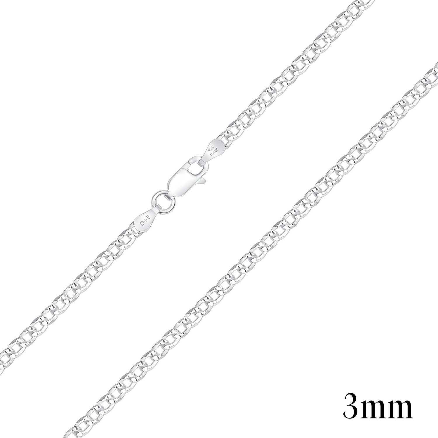 925 Sterling Silver Pavé 3mm Curb Chain