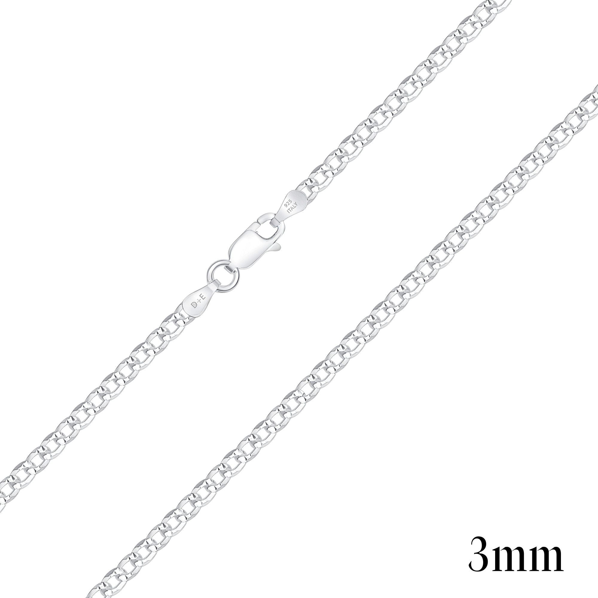 925 Sterling Silver Pavé 3mm Curb Chain