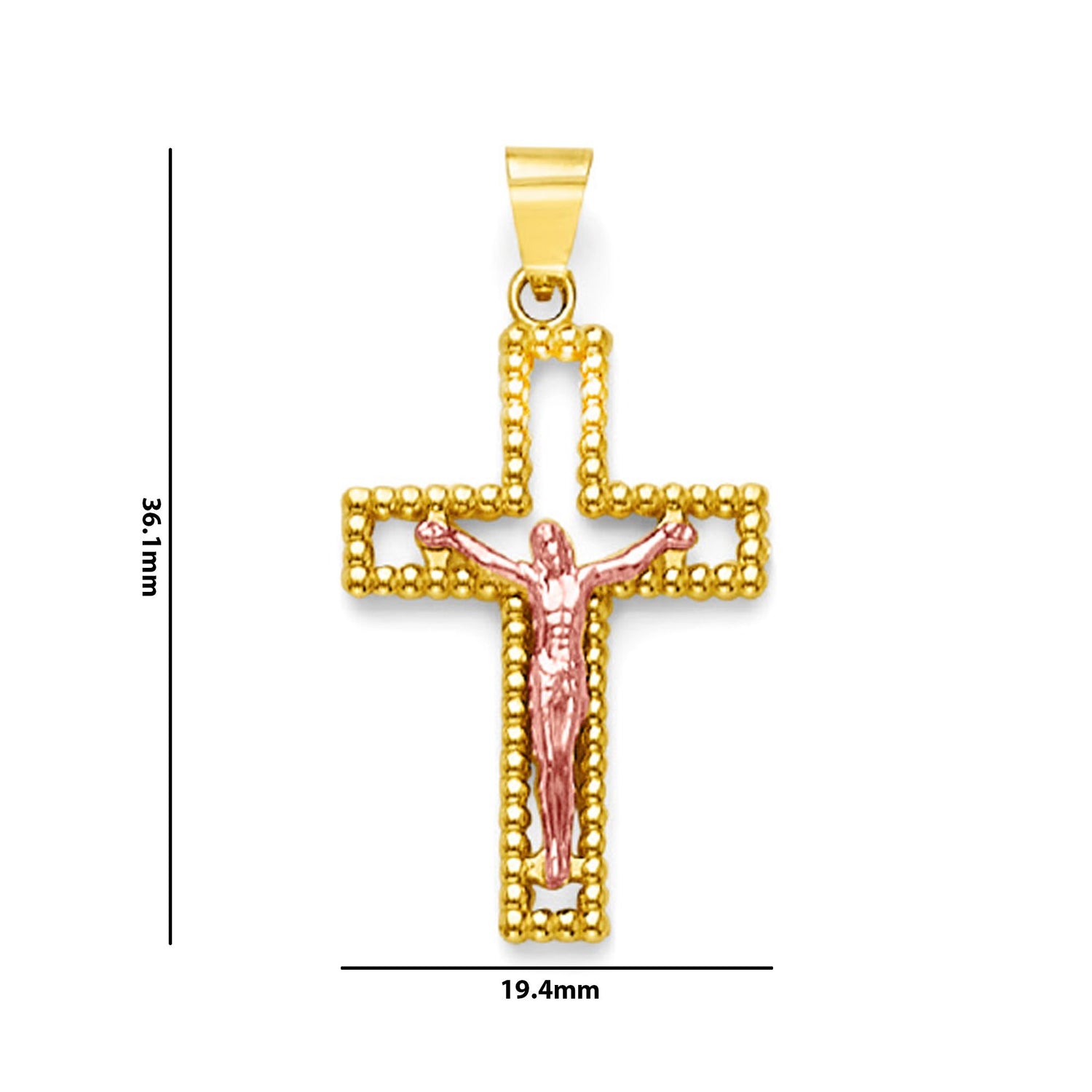 Two Tone Gold Milgrain Crucifix Cross Outline Pendant with Measurement