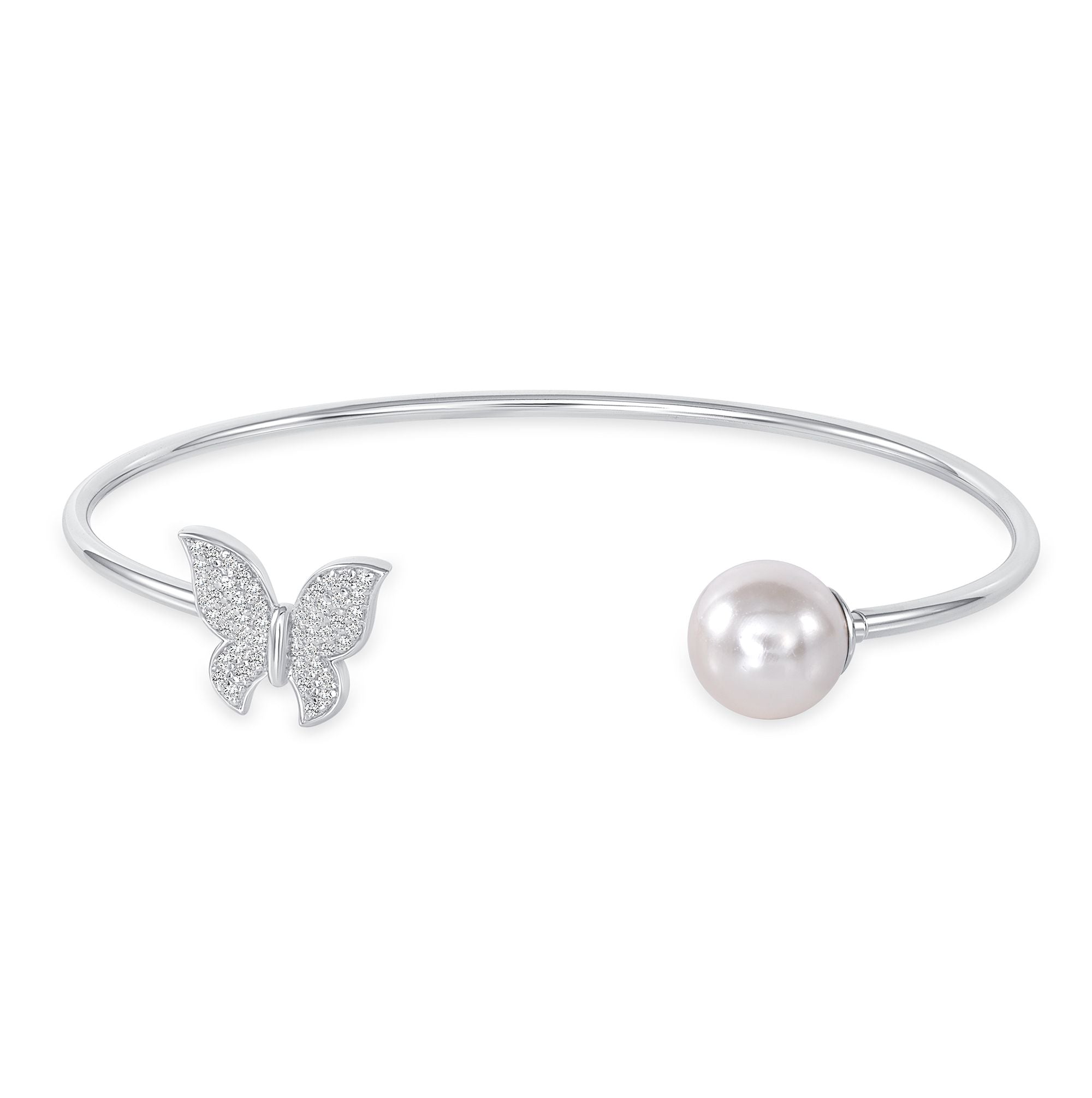 925 Sterling Silver Pavé CZ Butterfly &amp; Pearl Ends Cuff Bracelet