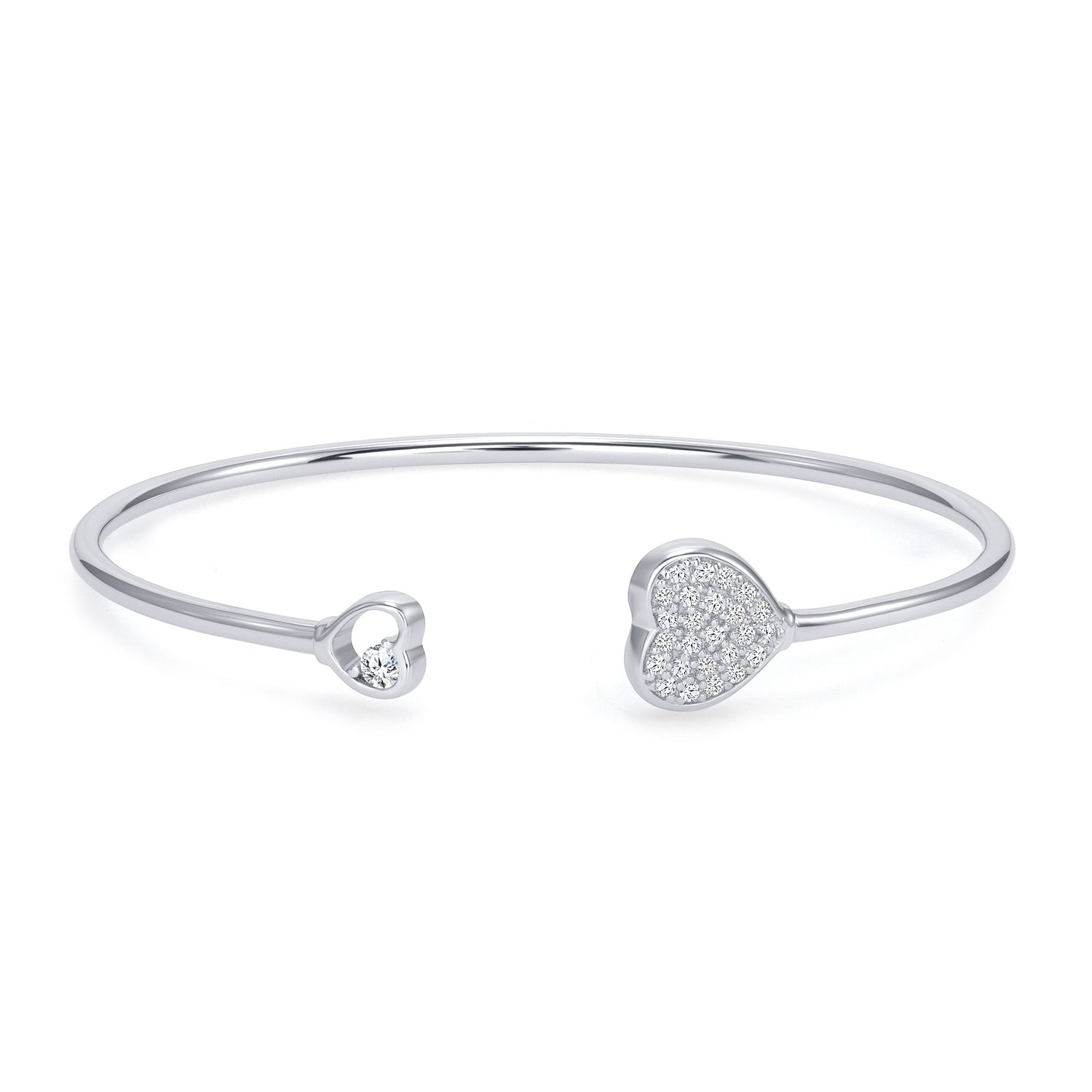 925 Sterling Silver Pavé Heart &amp; Minimalistic CZ Accented Heart Ends Cuff Bracelet