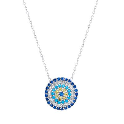 925 Sterling Silver CZ Round Evil Eye Pendant Necklace