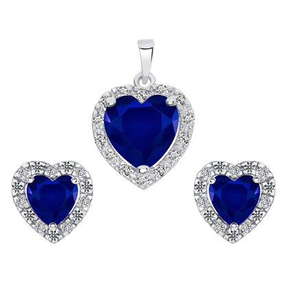 925 Sterling Silver Raised Heart Cut Blue CZ with Round Cut White CZ Halo Pendant &amp; Stud Earrings Jewelry Set