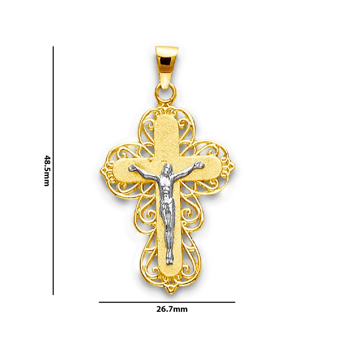 Two Tone Gold Filigree Border Rounded Crucifix Cross Pendant with Measurement