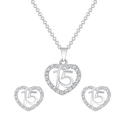 925 Sterling Silver Round Cut CZ Outline Heart with 15 Pendant &amp; Stud Earrings Jewelry Set