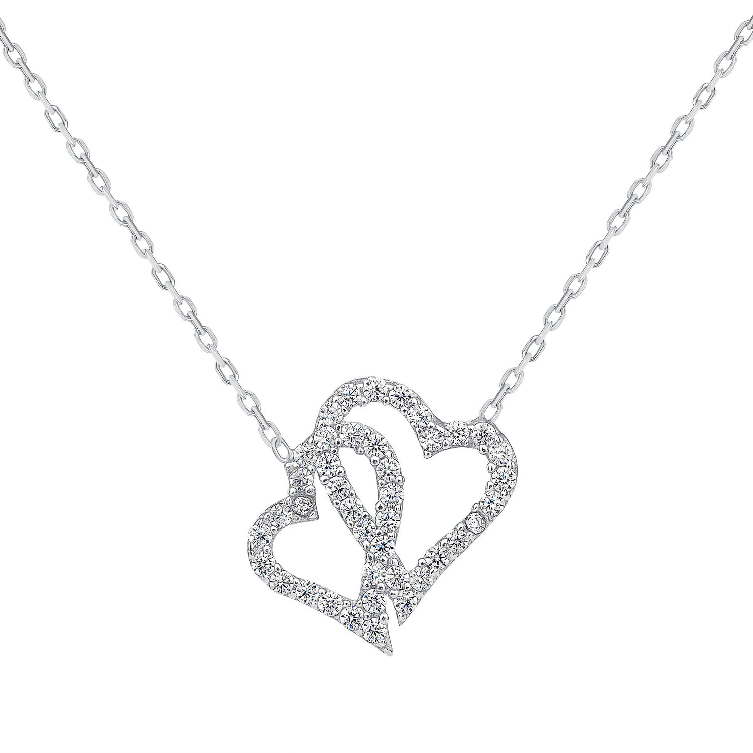 925 Sterling Silver Intertwined CZ Heart Outlines Pendant Necklace