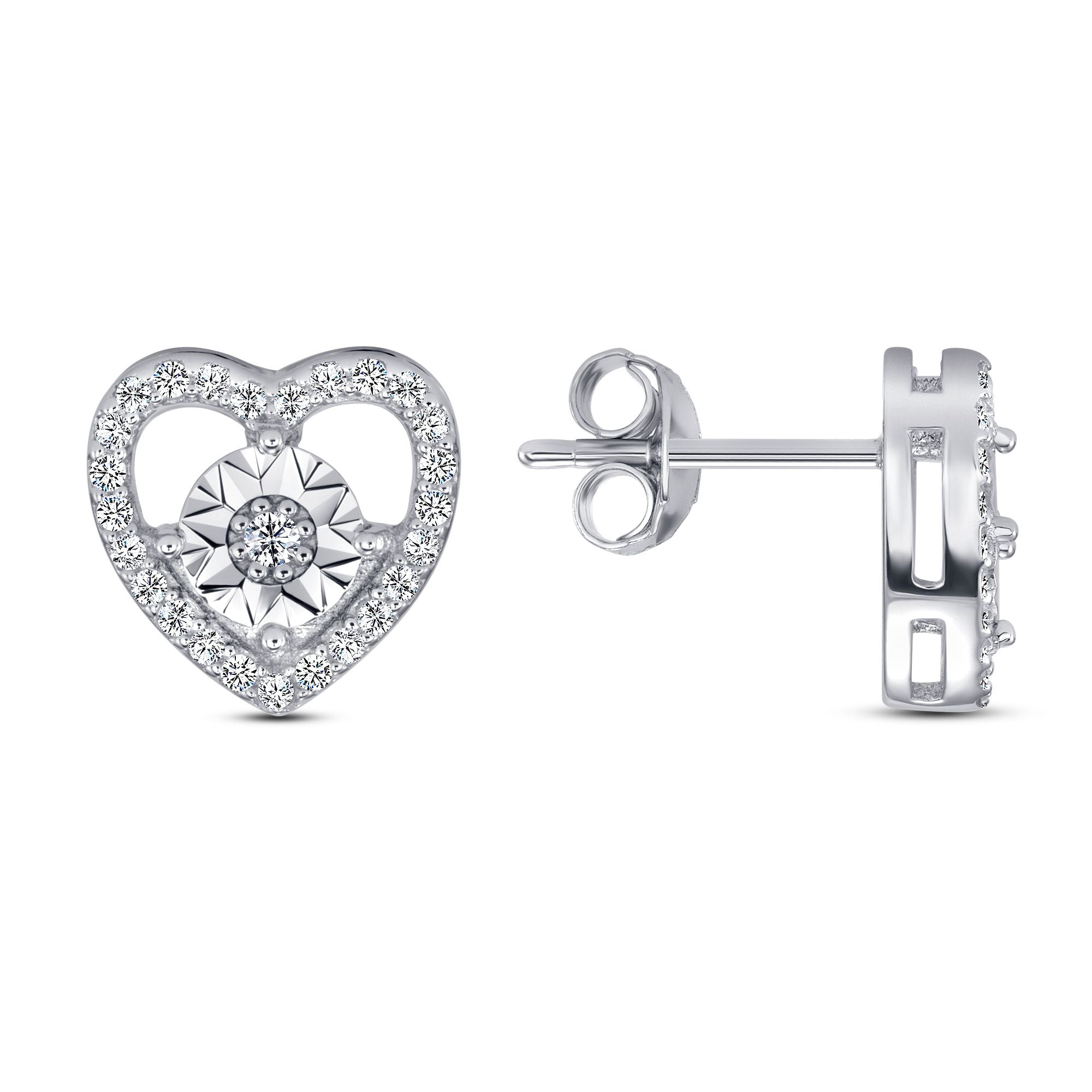 925 Sterling Silver Round Cut CZ Cluster with CZ Heart Outline &amp; Diamond Cut Accent Pendant &amp; Stud Earrings Jewelry Set