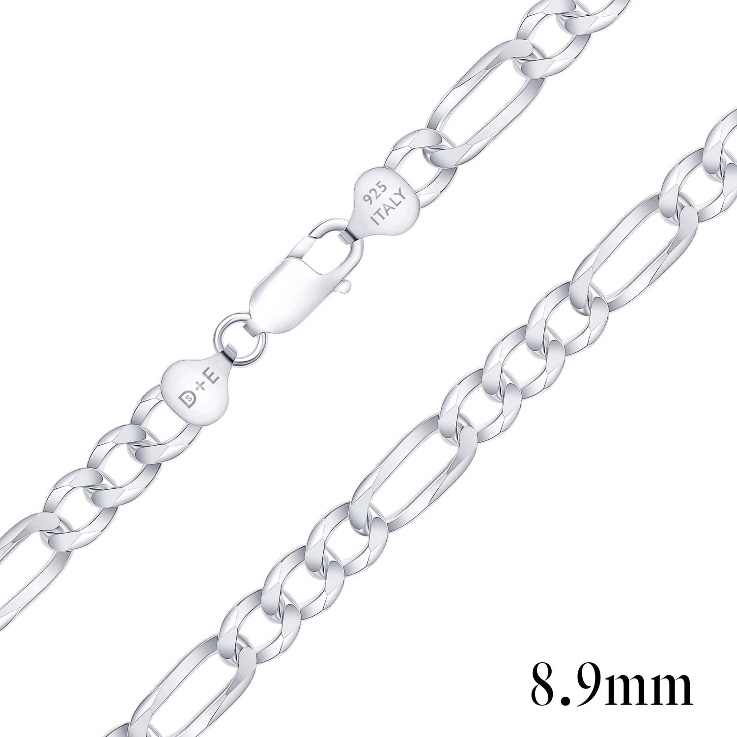 925 Sterling Silver Pavé 8.9mm Figaro Chain