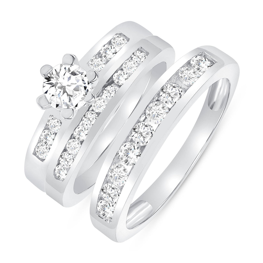 925 Sterling Silver Round CZ &amp; Channel Setting His &amp; Hers Trio Wedding Set