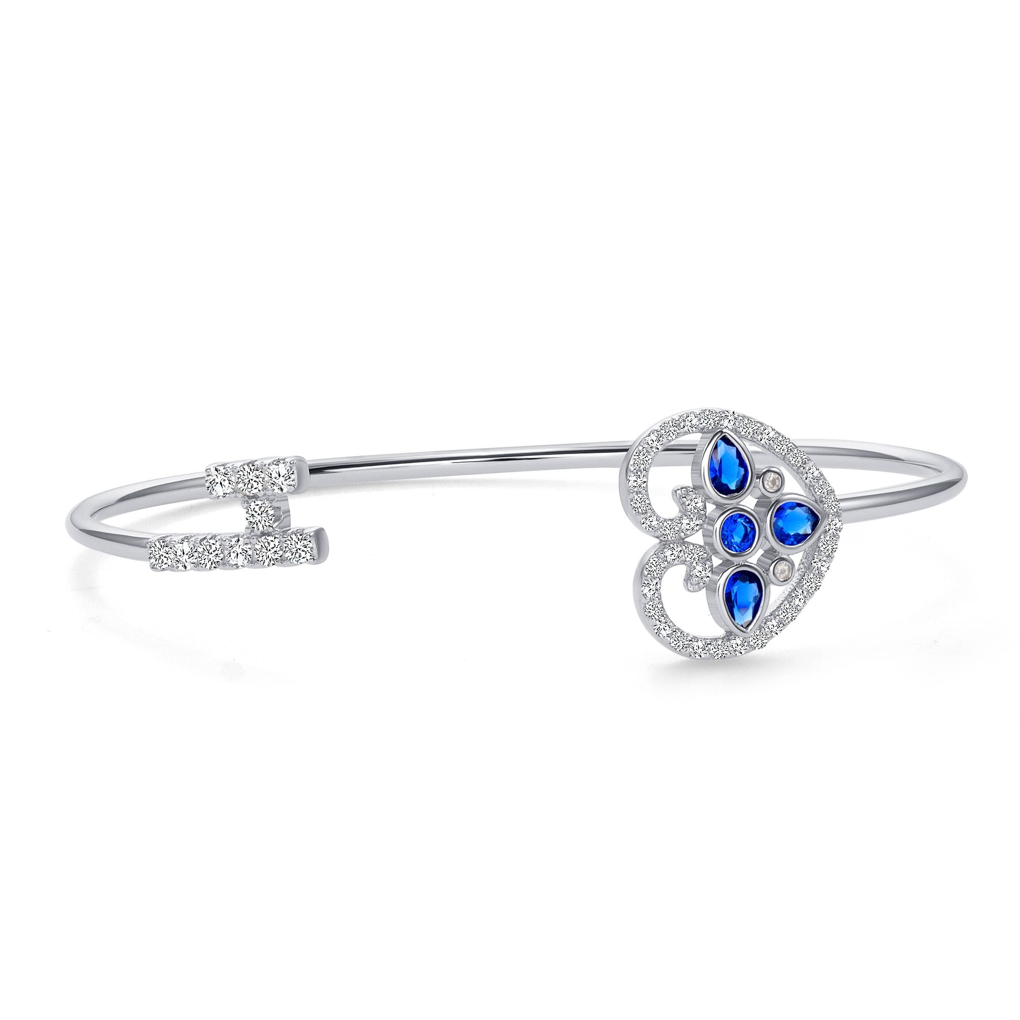 925 Sterling Silver Heart &amp; Key Blue and White CZ Pavé Cuff Bracelet