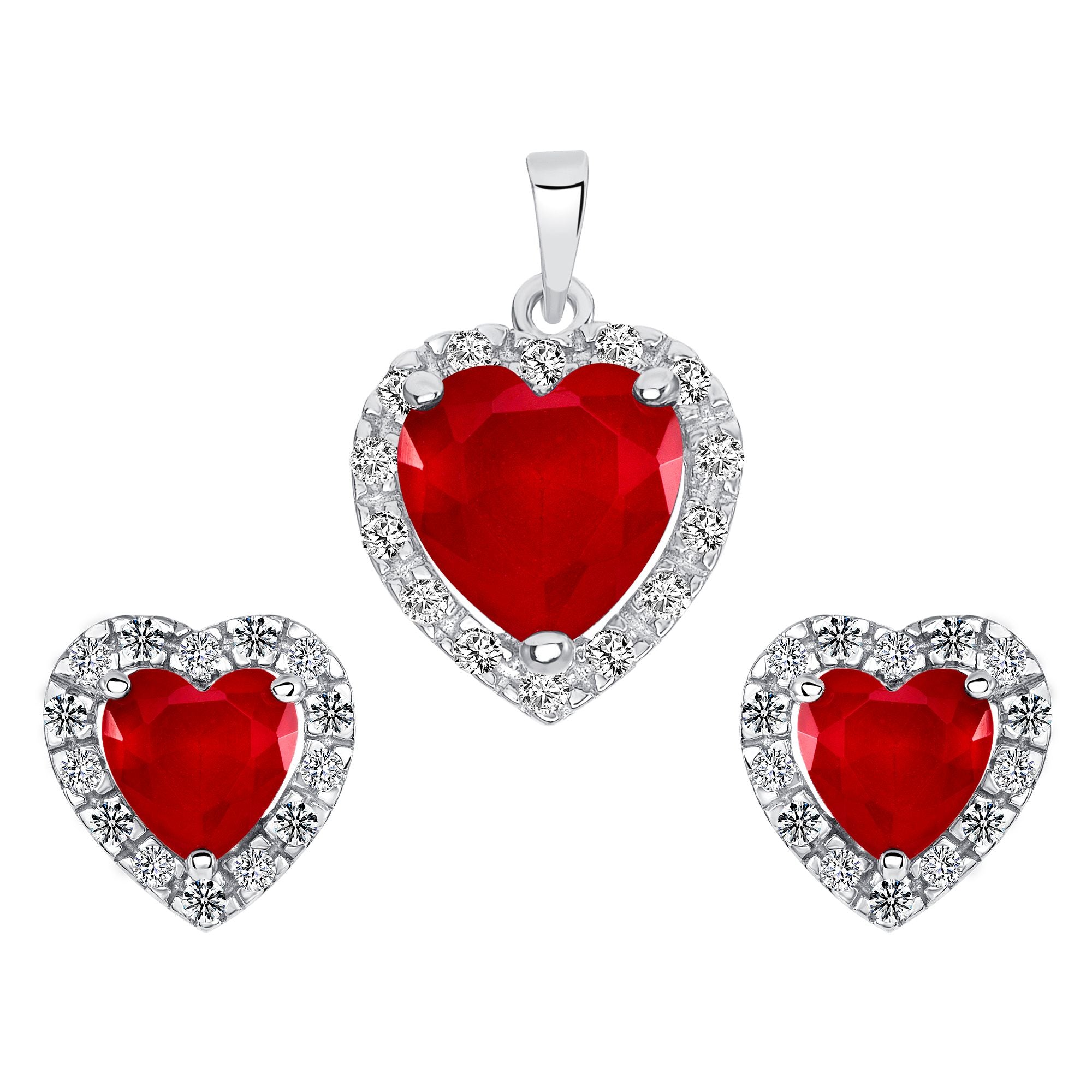 925 Sterling Silver Raised Heart Cut Red CZ with Round Cut White CZ Halo Pendant &amp; Stud Earrings Jewelry Set