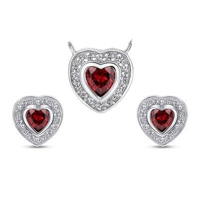 925 Sterling Silver Heart Cut Red CZ with Round Cut White CZ Halo Pendant &amp; Stud Earrings Jewelry Set