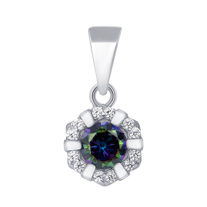 925 Sterling Silver Round Cut Mystic Topaz with CZ &amp; Metal Lines Hexagonal Halo Pendant &amp; Stud Earrings Jewelry Set
