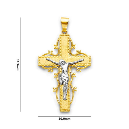 Two Tone Gold Milgrain Filigree Bordered Crucifix Cross Pendant with Measurement