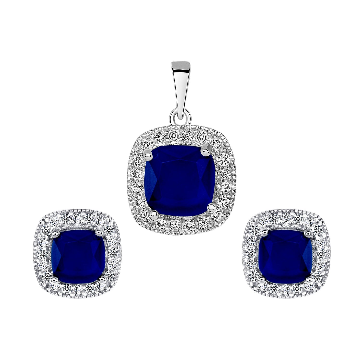 925 Sterling Silver Square Cut Blue CZ with Round Cut CZ Pavé Halo Pendant &amp; Stud Earrings Jewelry Set