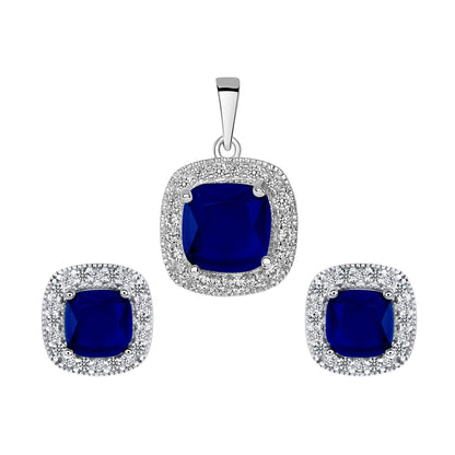 925 Sterling Silver Square Cut Blue CZ with Round Cut CZ Pavé Halo Pendant &amp; Stud Earrings Jewelry Set