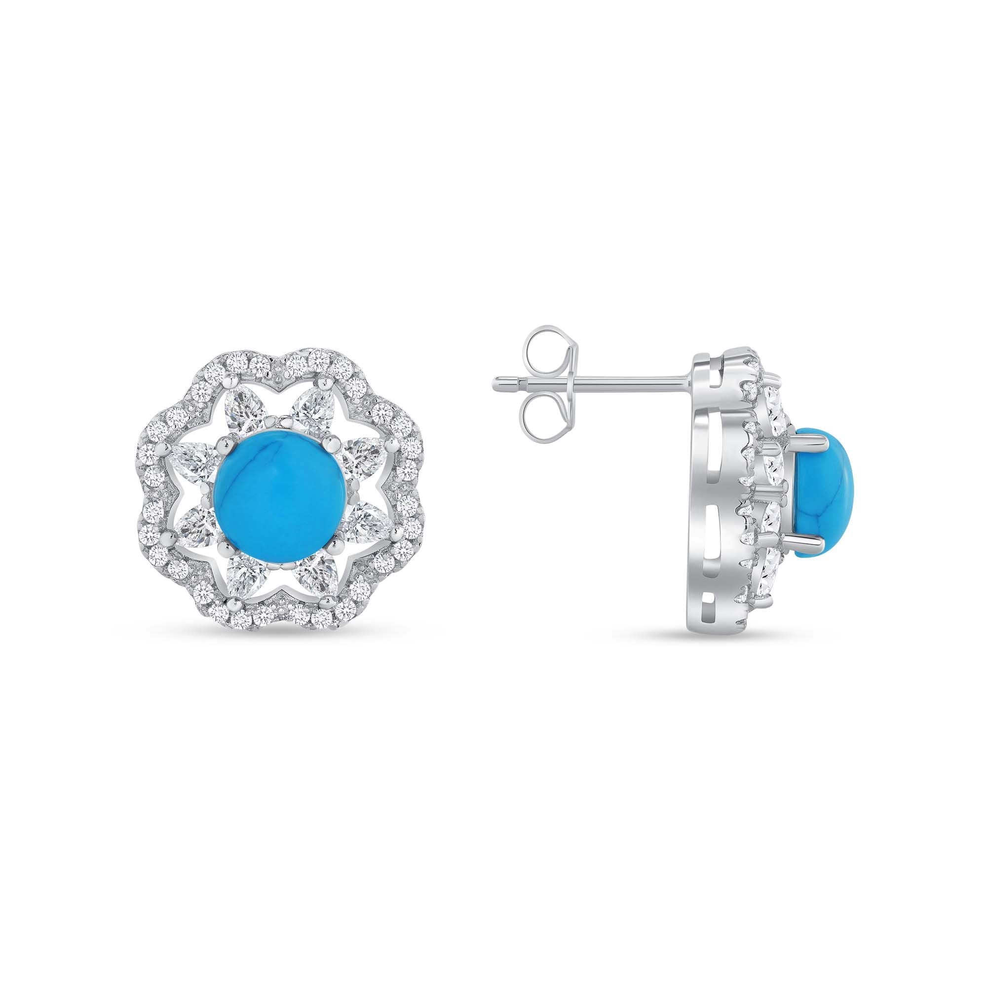 925 Sterling Silver Round Cut Turquoise &amp; White CZ Cutout Flower Pendant &amp; Stud Earrings Jewelry Set